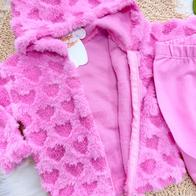 Conj. Jaqueta de Pelinho de Corações e Calça Legging - Pink